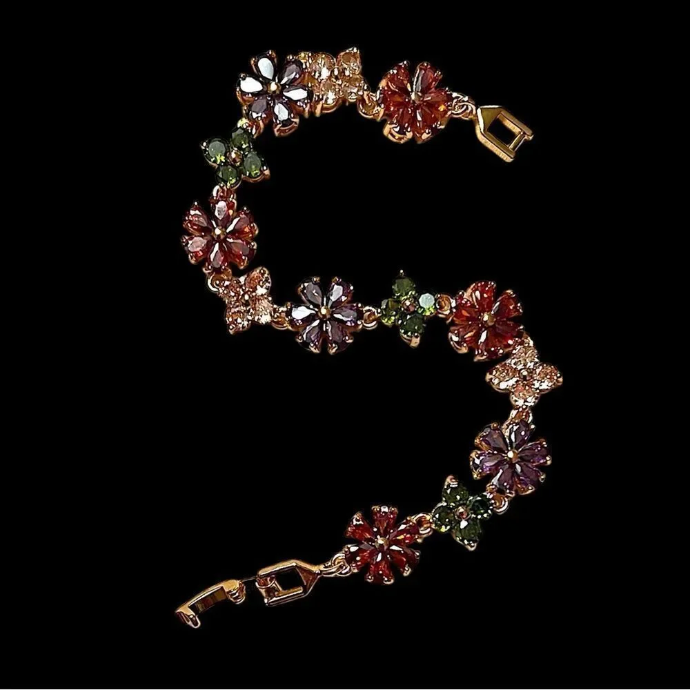 Gold Filled Multi-color Cubic Zirconia Flower Tennis Bracelet NWOT